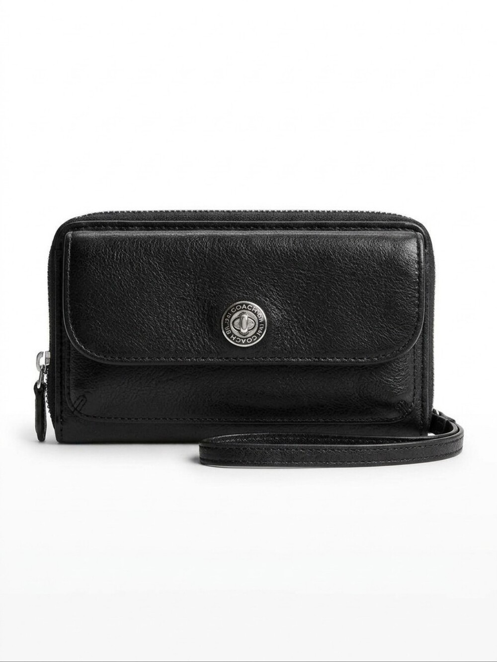 Coach Y2K Black Leather Zip Wristlet Wallet with Front Snap Pocket